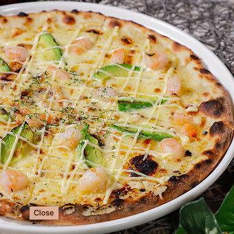 Shrimp and avocado garlic mayo pizza