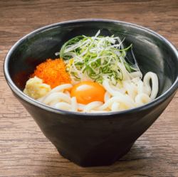Mixed udon noodles served with dashi soy sauce