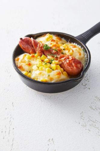 Grilled sausage and corn with creamy truffle mashed potato and cheese