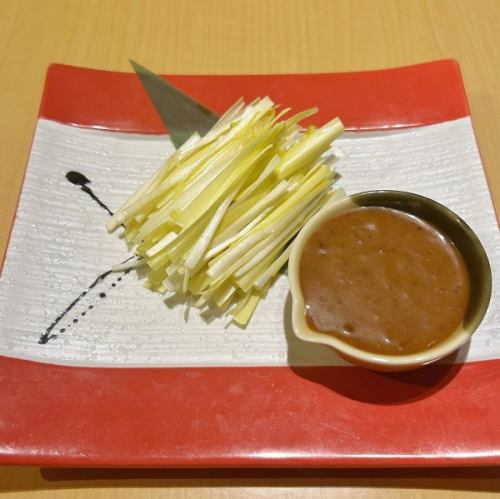 Yellow chive sashimi with soba miso mayonnaise
