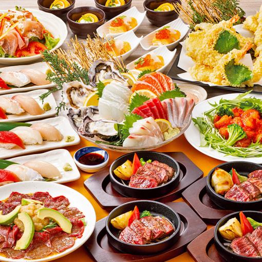 【悟空之宴】牛排、生蠔生魚片拼盤、馬刺身、天婦羅拼盤等9道菜品+無限暢飲6,000日元