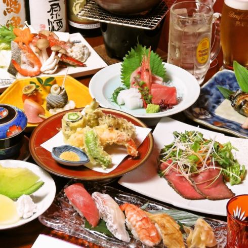 Japanese cuisine making use of seasonal ingredients! Abundant cuisine menu such as kamiyaki, tempura, sushi, sashimi, Japanese beef etc.