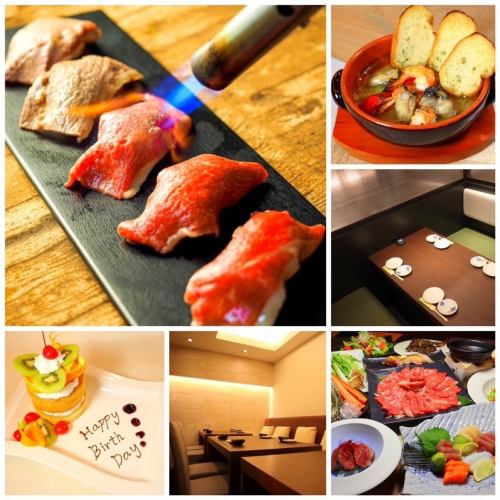 Fresh fish sashimi, Miyazaki beef nigiri with sea urchin, tuna carpaccio, etc...