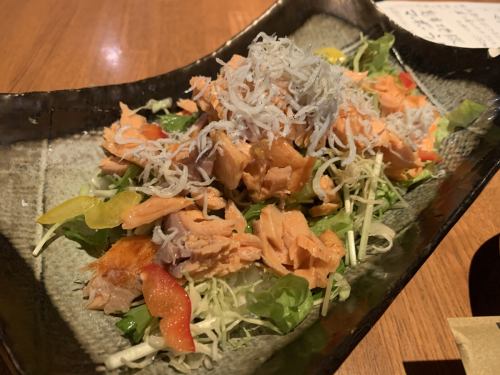 Grilled salmon and shirasu salad