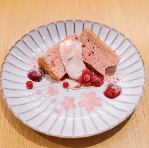 Sakura chiffon cake with raspberry sauce