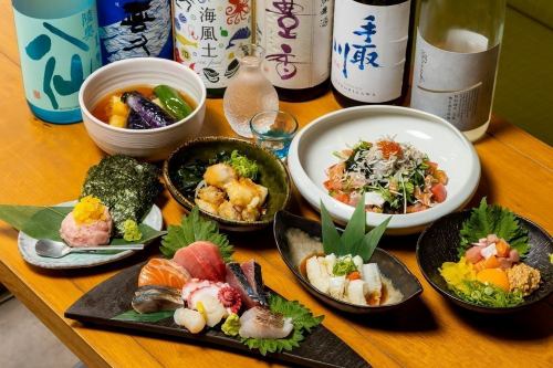 令人兴奋和精致！新鲜的海鲜包括生鱼片、握寿司和盖饭！
