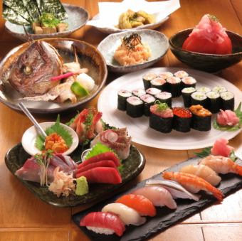【附2小时无限畅饮】豪华套餐6,000日元（共11道菜品），包括自制黑鲈西京烧、牛排、生鱼片