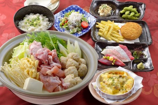 2種から選べるお鍋付き♪お刺身4点盛やあさりグラタン等7品＆2時間飲み放題 4500円