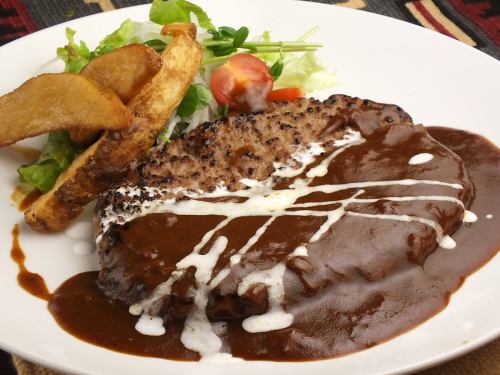 Hand-kneaded ground beef hamburger set meal with special Okiraku sauce