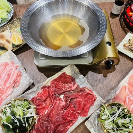 [2 hours of all-you-can-drink included!] Luxurious shabu-shabu banquet course with yellowtail, black-throated seaweed, pork, and beef! 7,700 yen