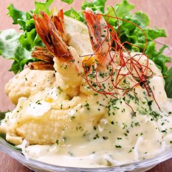 Shrimp with mayonnaise / Fried perilla and perilla cream cheese walnut / Deep-fried yam