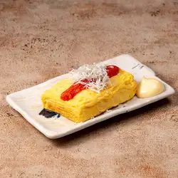 Rolled omelet with whitebait and mentaiko (spicy cod roe)