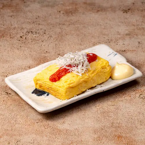Rolled omelet with whitebait and mentaiko (spicy cod roe)