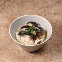 Pickled mackerel with plum and kelp in broth