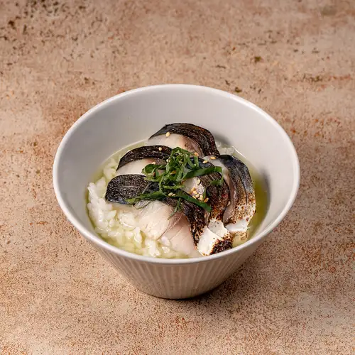 Pickled mackerel with plum and kelp in broth