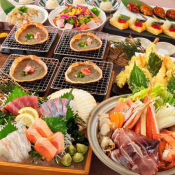 【利尻套餐】6,000日圓+2小時無限暢飲，雪蟹寄生火鍋、烤蟹味噌殼、什錦天婦羅等9道菜餚。