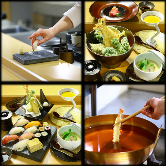 Enjoy high-end sushi cuisine prepared by a Japanese-style chef at a reasonable price.