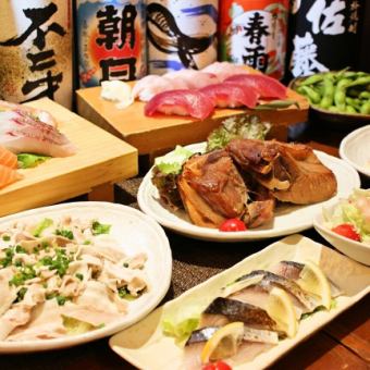 [5,000 yen course] 2 hours all-you-can-drink + 10 dishes ★ 2 types of nigiri, 5 types of sashimi, 2 types of tempura, grilled tuna kama, etc. ◎