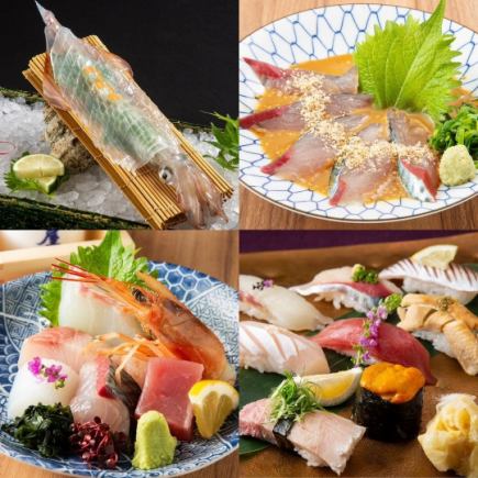 ●<活魷魚、烤雞肉串、壽司、牛舌牛排>●「博多特級名菜與無限暢飲套餐」6,000日元