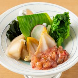 Spring vegetables and whelk with plum vinegar and miso