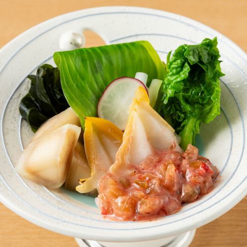 Spring vegetables and whelk with plum vinegar and miso