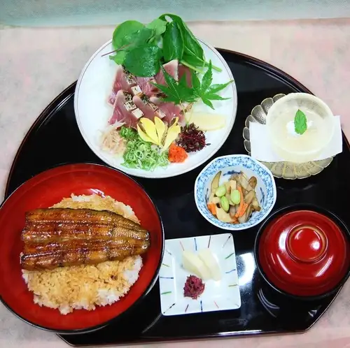 戻り鰹のタタキと鰻丼のセット