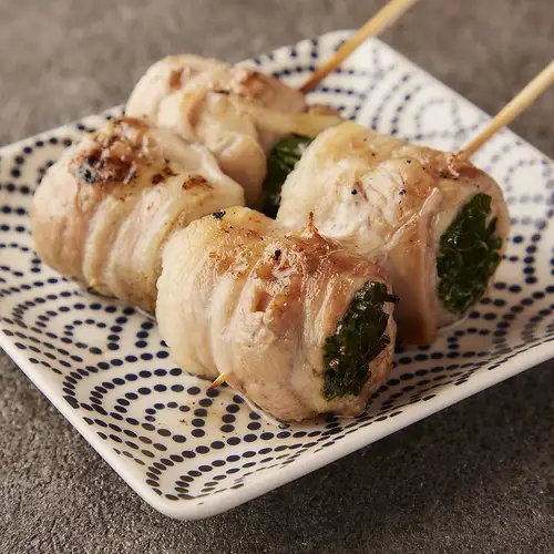 【野菜巻き串】ミニトマト、長ネギ、エリンギ、うずら、エリンギ、長芋、アスパラ、梅紫蘇、おくら 各
