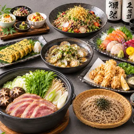 【牡丹】蕎麥麵湯底鴨肉火鍋，最後奉上蕎麥麵！含2小時暢飲生啤，9道菜，4500日圓