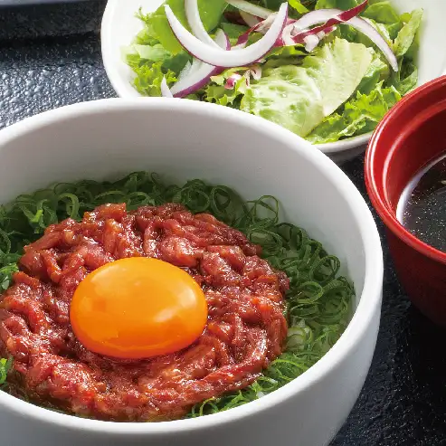 Wagyu beef yukhoe rice bowl with egg yolk