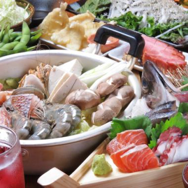 [Akamaru course 2 hours with all-you-can-drink 3,960 yen] The main dish is chicken salt and butter hotpot ♪ Luxury banquet course with a funamori sashimi platter ☆