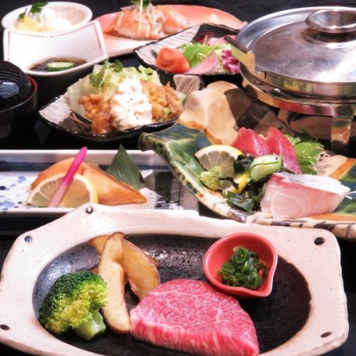 【個人1盤個人套餐】5,000日圓，包括西京燒鮭魚、牛排等8道菜及2小時無限暢飲