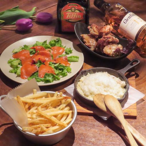 【當日OK！簡易套餐】鮭魚薄片&特製炸雞四道菜套餐+120分鐘【暢飲】⇒ 3,500日圓 ※工作日