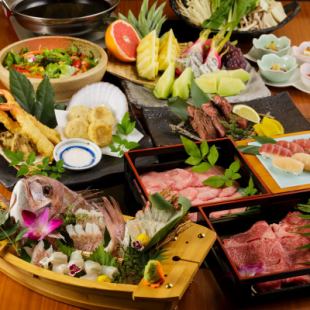「精選 - GENSEN - 套餐」鯛魚生魚片和黑毛和牛鐵板燒（全10道菜品+3小時無限暢飲）6,800日元⇒5,800日元
