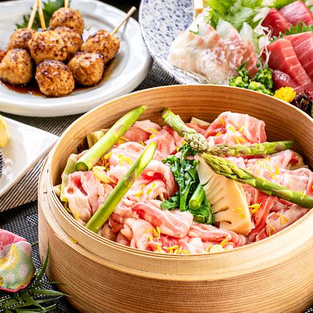 【雅套餐】2种鲜鱼拼盘+主菜“猪肉涮锅”或“蒸猪肉”2小时无限畅饮，共8道菜品3,500日元