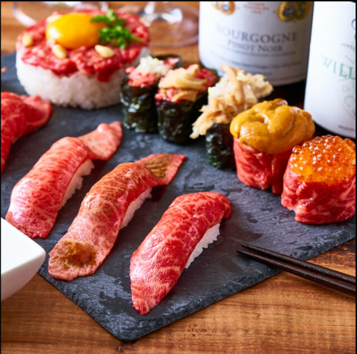 【如果您不确定该选什么，那就选这个吧！】无限量供应的和牛牛肉卷和7种肉类寿司——共12道菜——“狂野牛肉套餐”+3小时无限畅饮