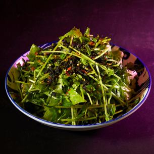 Choreogi salad with pea sprouts and crispy wakame seaweed
