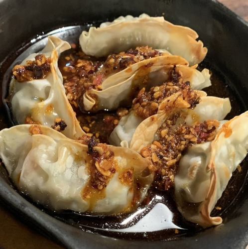 Crispy Garlic Gyoza on a Hot Plate
