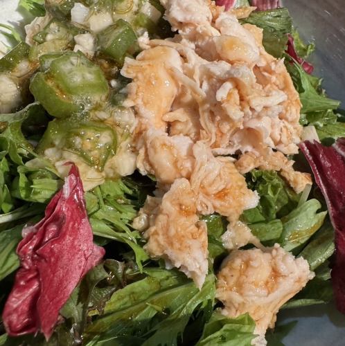 Okra and steamed chicken salad with wasabi and soy sauce