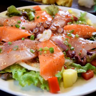 Large catch of fresh fish directly seafood salad