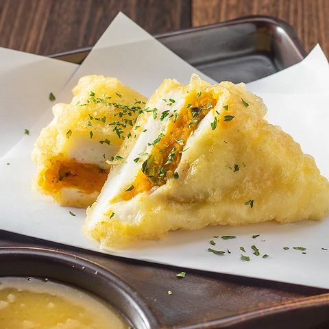 Pumpkin and cheese hanpen tempura