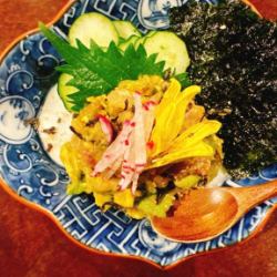 生鯵とアボカドと塩昆布のなめろう
