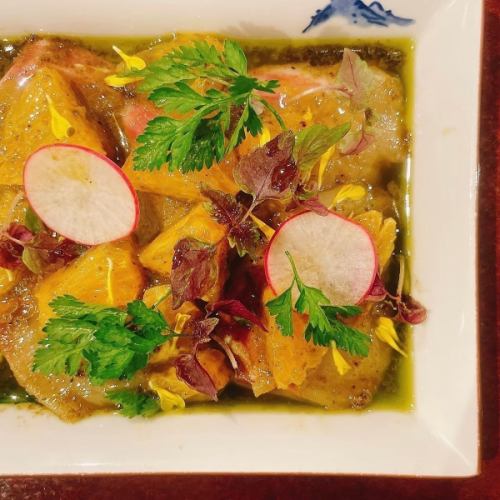 真鯛とオレンジの昆布オイル和え