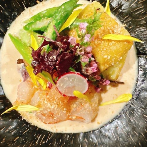 赤海老と焼き茄子の胡麻クリーム和え