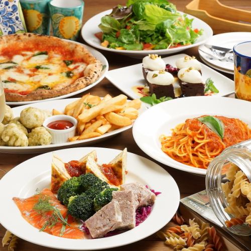歡迎大型團體參加【午餐派對】附咖啡廳♪ 品嚐本店招牌小吃、那不勒斯披薩和義大利麵，共6道菜