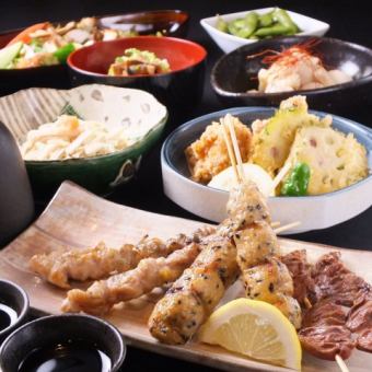 [Easy] Seasonal taste course with 3 types of recommended skewers and assorted sashimi <120 minutes all-you-can-drink included> 4,500 yen