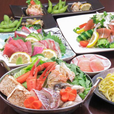 什錦拼盤、主要海鮮火鍋共7品5,500日元（含稅）【含2小時無限暢飲】