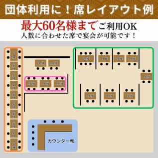 이쪽이 저희 가게의 자리 레이아웃이 되고 있습니다.좌측 일렬의 좌석은 결합이 가능하므로, 회사 연회등의 모임에 딱 ◎우측의 초록으로 둘러싸인 에리어는, 20분이나 30분 등, 인원수에 맞추어 좌석을 조정해, 일부 전세의 이용도 할 수 있습니다!자세한 것은 부담없이 질문해 주세요♪