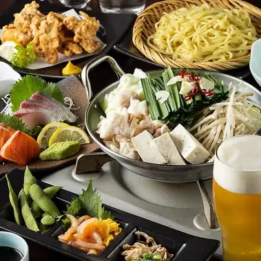 2時間飲み放題付!国産牛もつ鍋・鶏天・長浜漁港直送鮮魚2種・イカ明太など『国産牛もつ鍋コース』