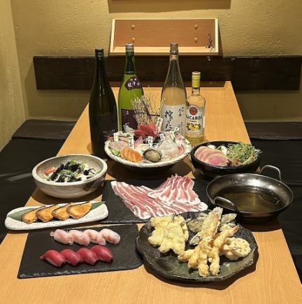 A 6000 yen course featuring the chef's special 8-piece sashimi platter and Kurobuta pork shabu-shabu.