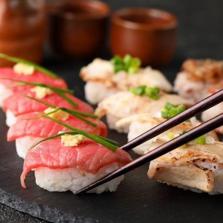 数量有限！肉寿司享受套餐[3小时无限畅饮×12种]严选的6种肉寿司和激素等5500日元⇒